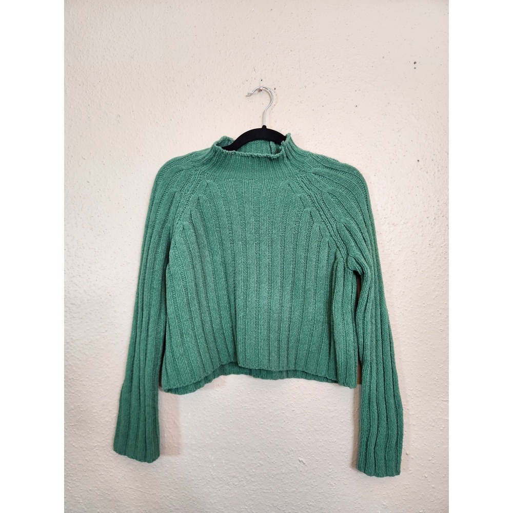American Eagle Womens S Green Sweater Mock Neck Ribbed Chenille Cropped Pullover